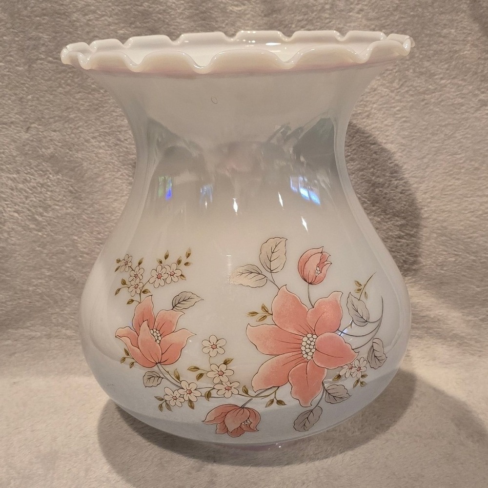 Vintage Hurricane Lamp Shade Ruffled Iridescent Blue/White/Pink Floral Globe